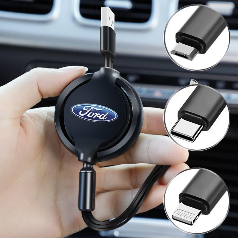 KKHK4 1pcs Car Interior 3 In 1 Micro USB Type C Fast Charging Cable For Ford Fiesta C-Max Focus Kuga Ranger Raptor KA Fusion ST Edge