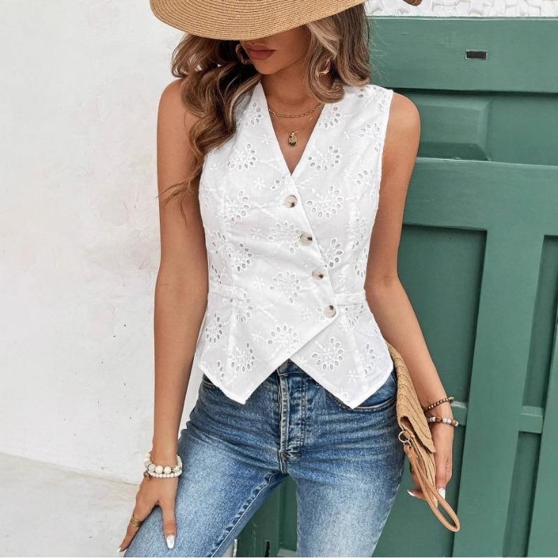 Moda Camisa de Encaje sin Mangas con Cuello en V Chaleco Cardigan Ajustado Color Sólido Gancho Flor Hueca Encaje Dulce Top Elegante Blanco Irregular Casual Ropa Sencilla