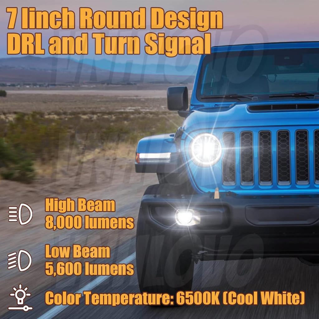 Ultra Brightness 7 Inch LED Headlight Round H6024 Halo Headlight 6500K Cool White Compatible with Motorcycle Jeep Wrangler JK TJ CJ Defender Mustang