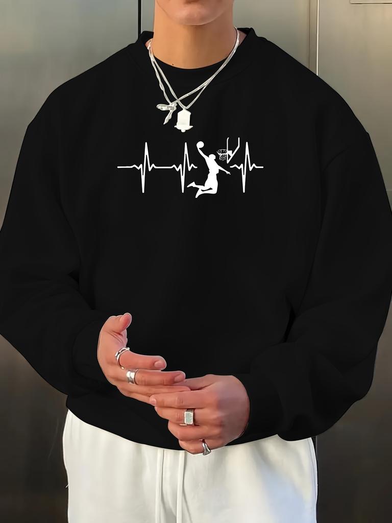 Men's and Women's Trendy Creative Basketball Shot Print Crewneck Sweatshirt, PLUS SIZE 100% Cotton Printed Long-Sleeve Crew Neck Pullover