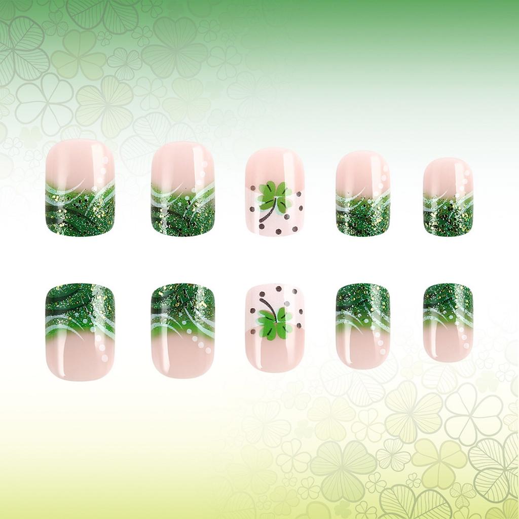 24 Pcs French Tip Press On Nail Short False Nail Shamrocks Stick On Nail Saint Patricks Day Acrylic Nail for Woman