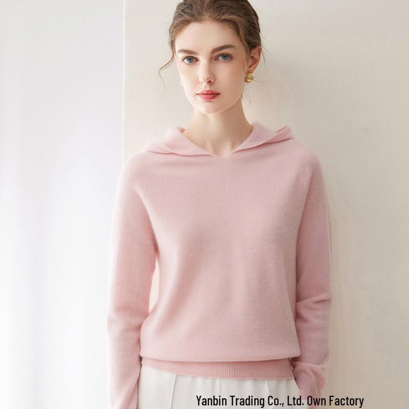 Autumn Winter Pure Cashmere Women's Hooded Loose Knit Sweater Pullover