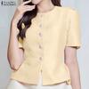 ZANZEA Blusa informal de verano de manga corta con cuello redondo y color liso para mujer