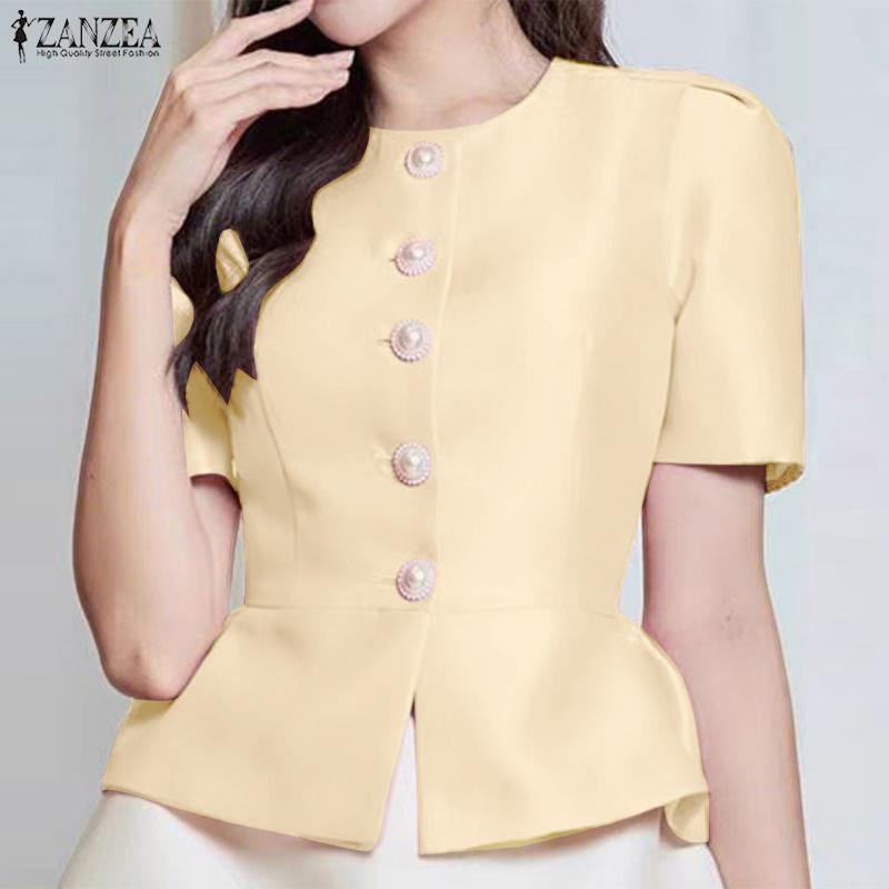 ZANZEA Women Casual Round Neck Solid Color Summer Short Sleeve Blouse