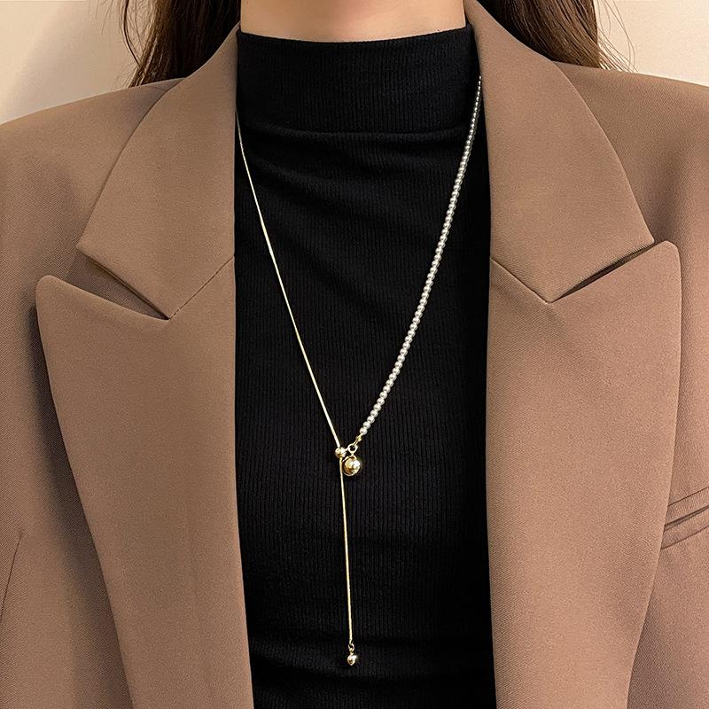 Long Winter-spring Style Adjustable Pearl Ball Sweater Necklace with Delicate Snake Bone Chain