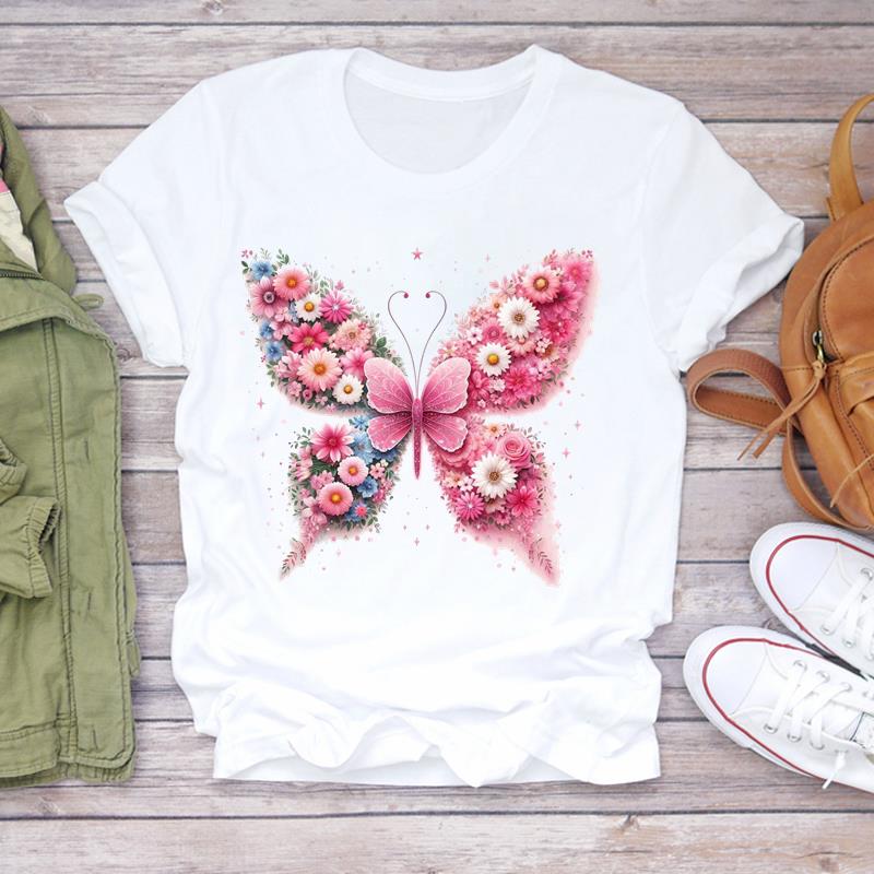 (Asian Size) Women Lovely Flower Trend Tee Top Clothing Casual  Short Sleeve T Shirt Fashion Print Lady Female Graphic T-shirts