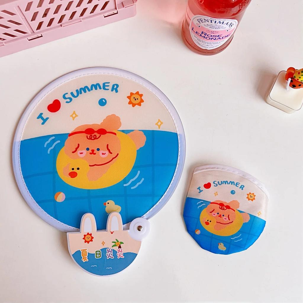 Lovely Japanese Folding Round Fan Summer Portable Mini Cartoon Handle Cloth Net Red