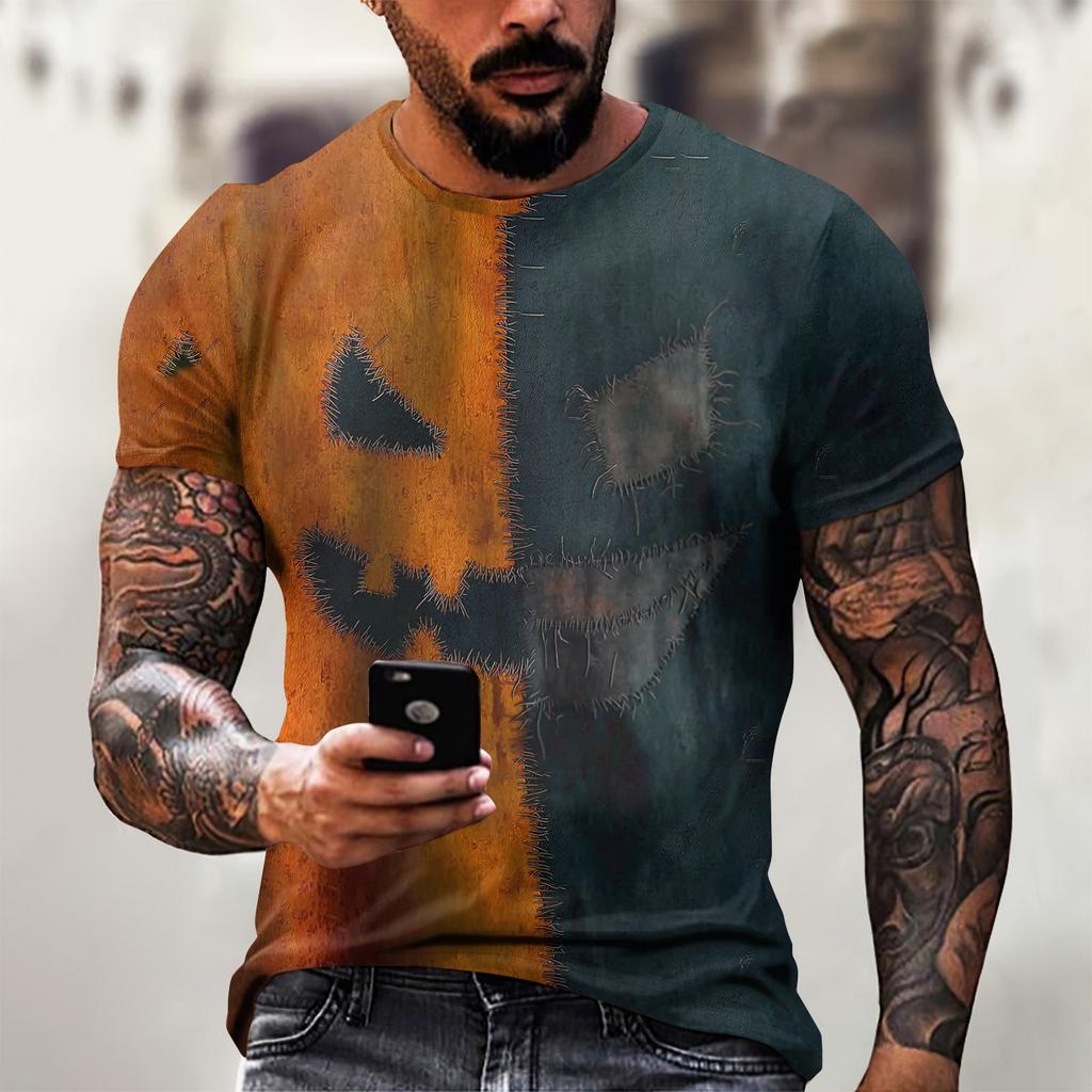 Halloween T Shirt Men's Casual Round Neck Blood Splatter Pattern Tops Horror Bloody Printed Short Sleeve Tops