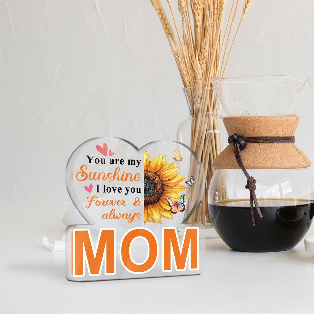 Akrylová dekorace na stůl - 'Jsi mé sluníčko Miluji tě navždy a vždy Maminko' Srdcový design se slunečnicí a motýlem, Moderní venkovský styl