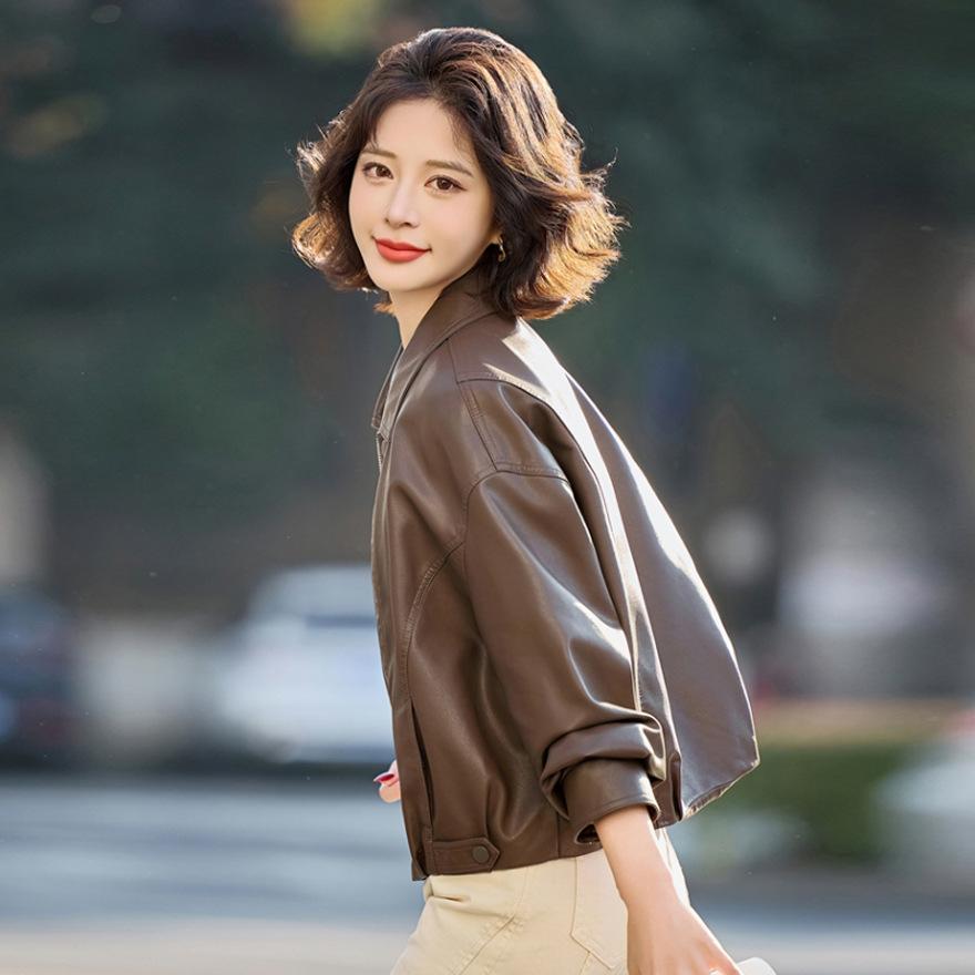 Lapel short leather jacket women's spring and autumn new loose locomotive clothing casual retro PU leather jacket top