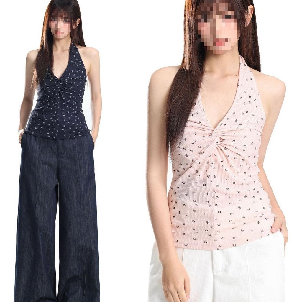 Korean floral neck sling female Spice Girl slim V-neck versatile 1111 summer seaside sleeveless short top vest
