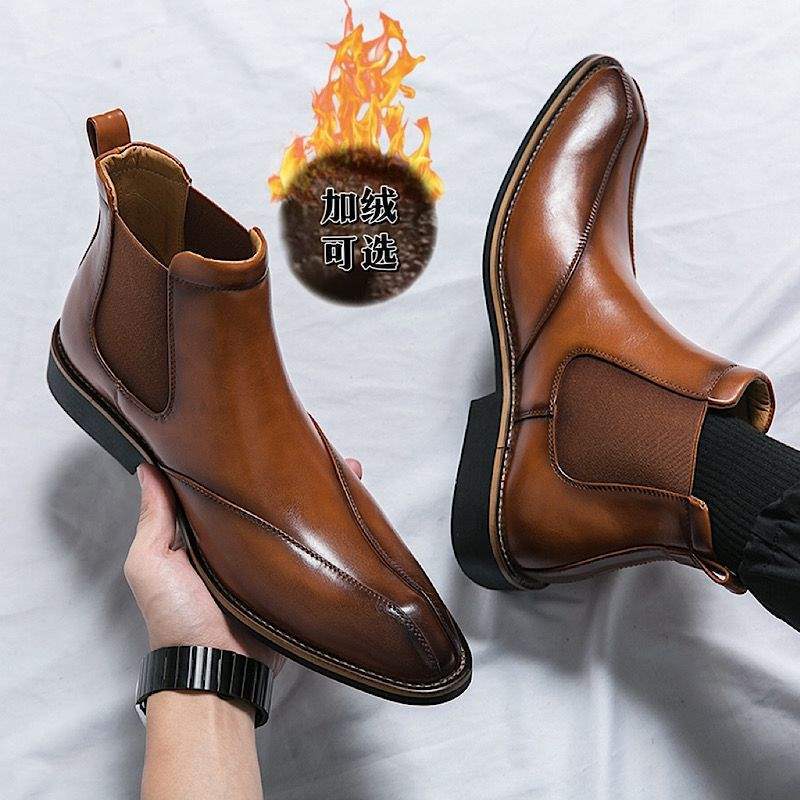 Korean Version of Chelsea Men's Boots Men's High-top Leather Shoes Pointed Men's Boots British Heightening Martin Boots Breathable Short Boots