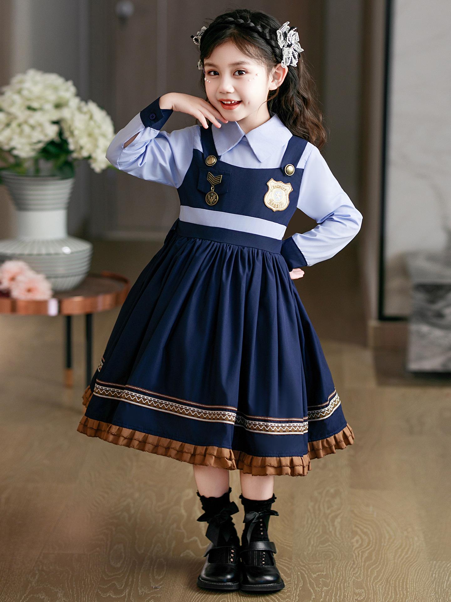 

Осеннее модное платье офицера-кролика для девочек - Двухкомпонентная принцессная униформа 100 cm-150 cm (1 batch 6 pieces) темно-синий