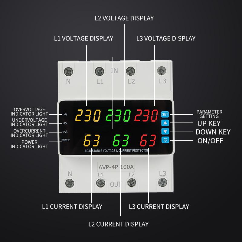 Three-Phase Digital Voltage Protector with 6-Display ATS, Overcurrent Protection, 63A/100A Capacity, 230V.