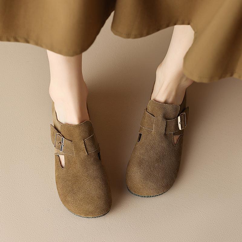 Fashion 2025 New Summer Women Mules Cow Suede Leather Women Shoes Round Toe Cover Toe Slip-on Women Sandals Retro Modern Slippers