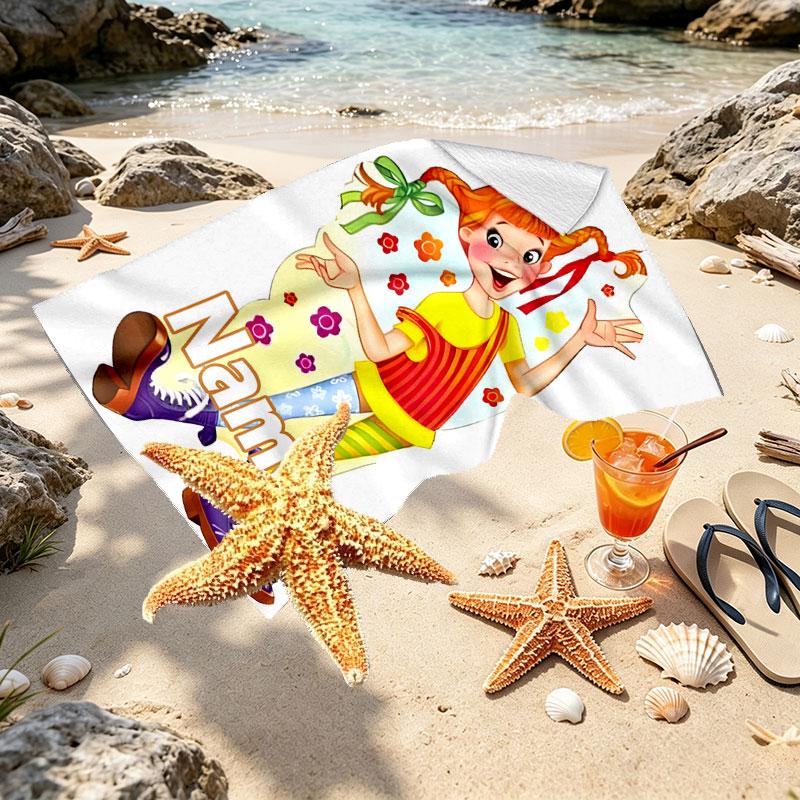 Custom Name Personalized Pippi Longstocking Print Beach Towel, for Trip Camping Beach Party Home Decor, Birthday Gift for Family & Friends