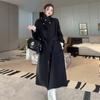 Black woolen coat women's new winter thickened lace-up long woolen coat