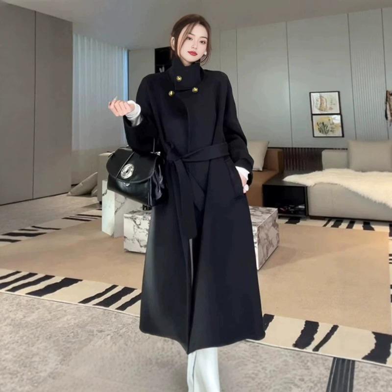 Black woolen coat women's new winter thickened lace-up long woolen coat