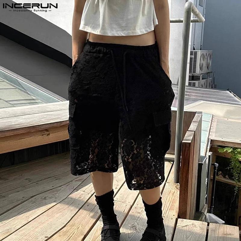 INCERUN Męskie elastyczne w pasie koronkowe ażurowe prześwitujące bez podszewki zakrywające krótkie szerokie spodnie