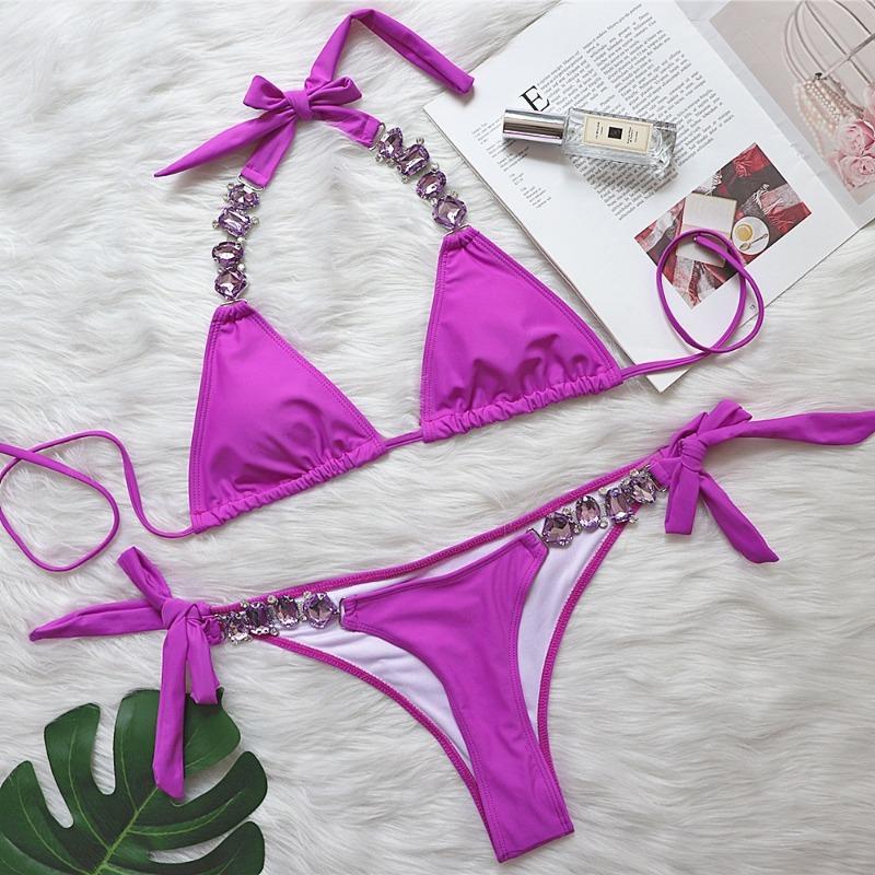 Women S Sexy Solid Color Bikini Set With Metal Chain Accessories Swimwear