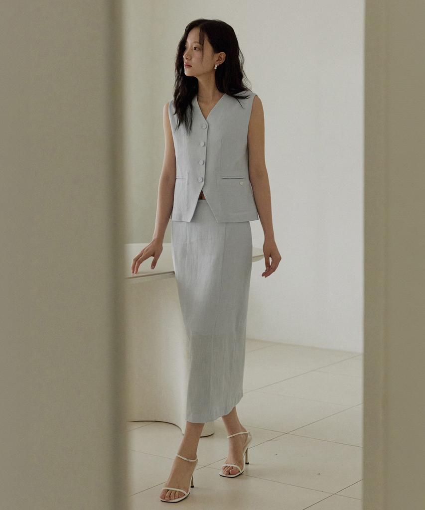 Adowl H Line Linen Long Skirt - Blue