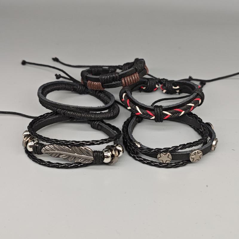 Adjustable Drawstring Feather & Leaf Charm Leather Bracelet Set – Vintage Alloy Star, Woven 5-Piece Collection