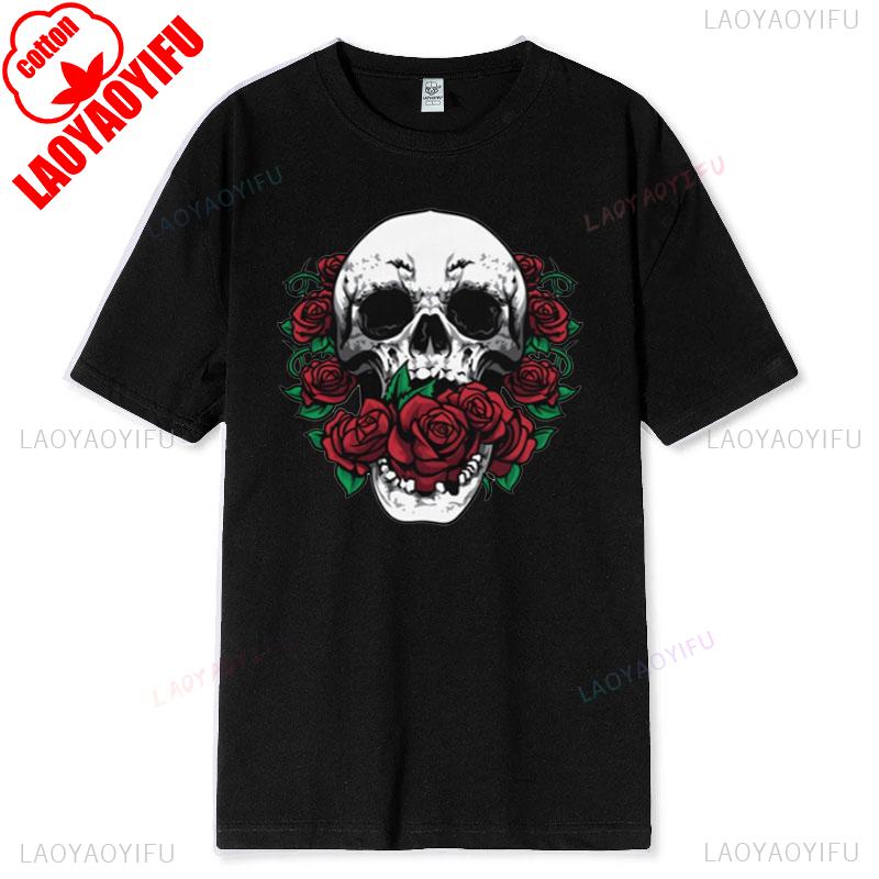 Skull and Red Roses Skeleton Gothic Hipster Novelty ShortSleeve Unisex TShirt Skeleton and Flower Pattern Cotton Casual Shirt