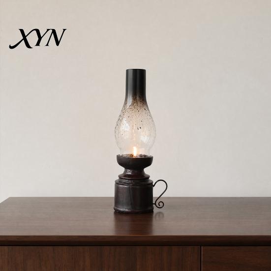 Smoked Glass Candle Holder Miniature Kerosene Lamp Resin Holder, Retro Oil Figurine with Broken Dot Shade & Carved Base, Tabletop Decor for