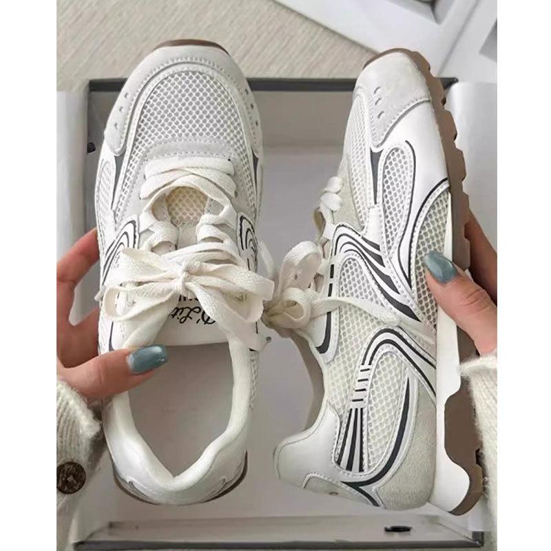 

Модные кроссовки повседневные женские дизайнерские ретро беговые туфли 2025 новые удобные кожаные тканевые дышащие на высокой платформе 40 бежевый