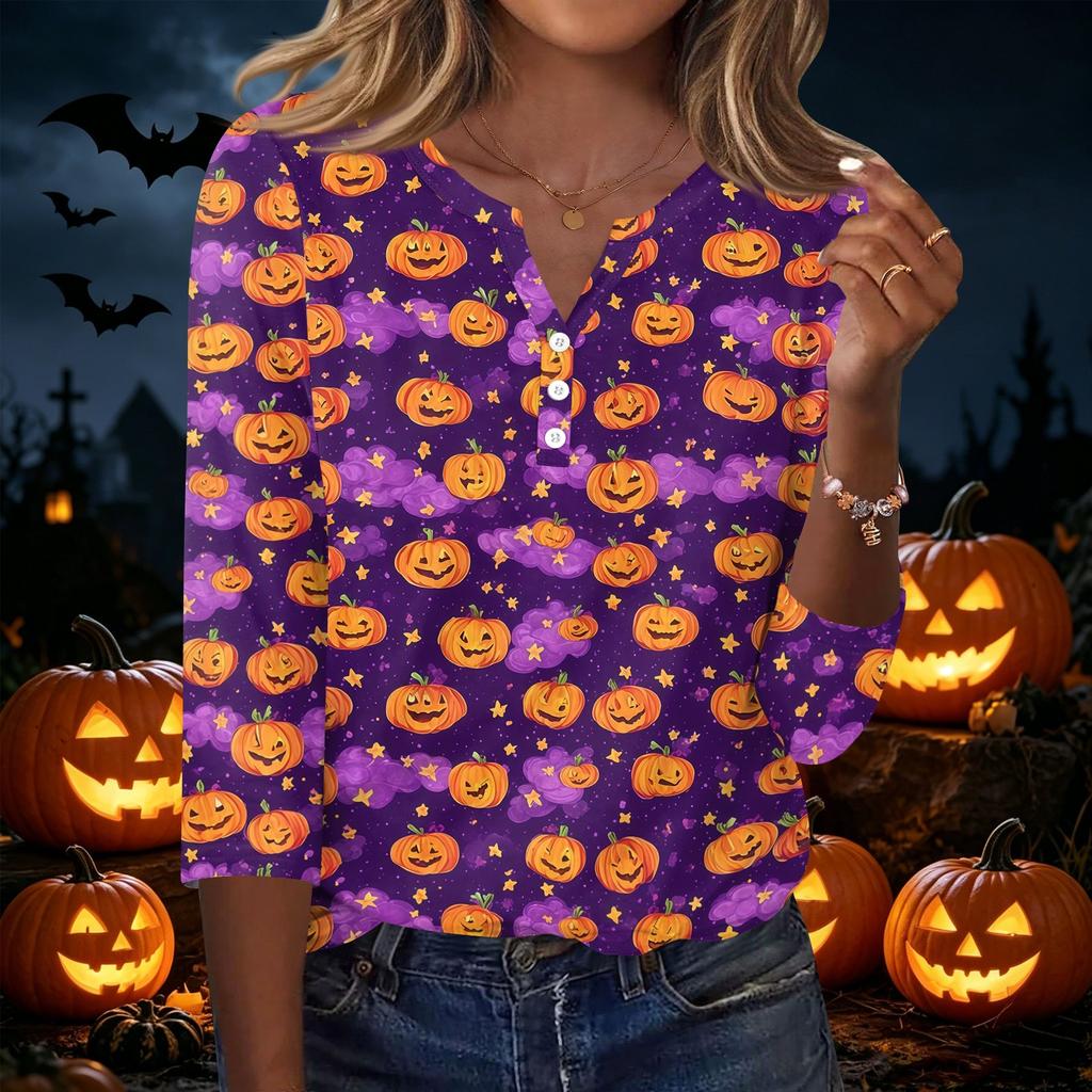 Women's Casual Halloween Print V Neck Button Three Quarter Sleeve T Shirt Top Lightweight Soft Fabric Comfortable Fit