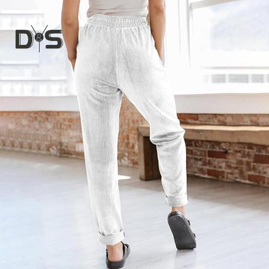 Women Corduroy Pants High Waist Baggy Drawstring Elastic Waist Casual Trousers Loose Fit Straight Leg Pockets Work Pants
