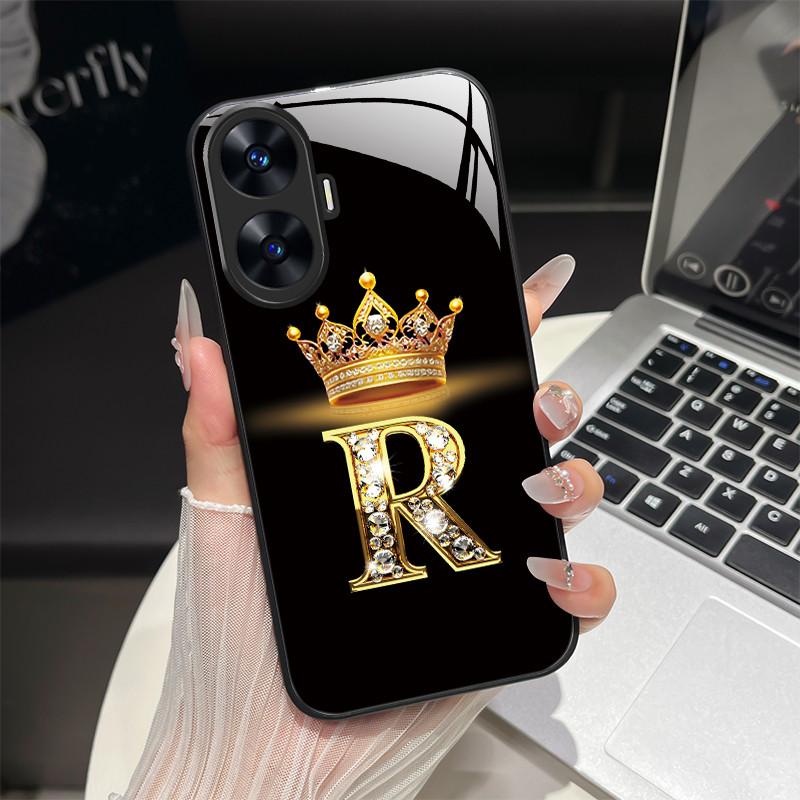 For Realme C55 4G Case Fashion Letters Hard Tempered Glass Back Covers For Realme Narzo N55 NarzoN55 C55 RMX3710 Phone Shell