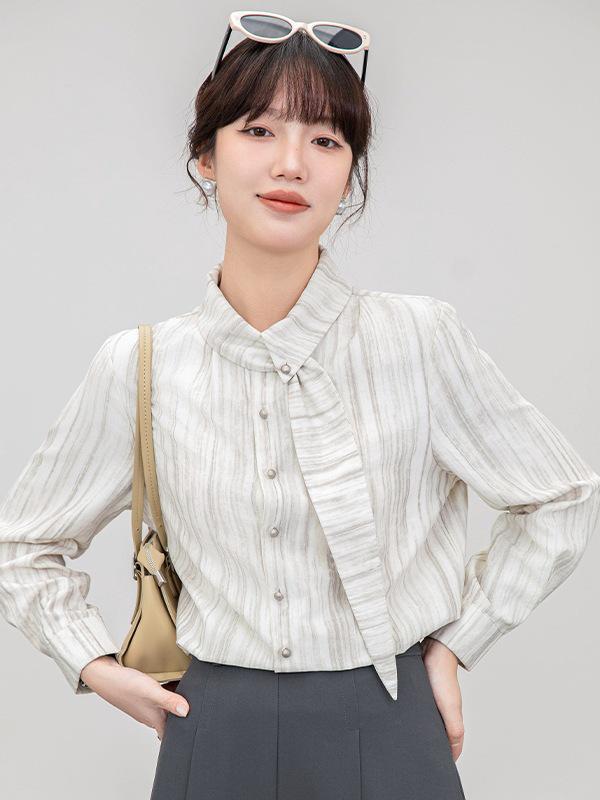 

Women s Striped Ribbon Long-Sleeve Shirt - Spring/Autumn Chic Design L