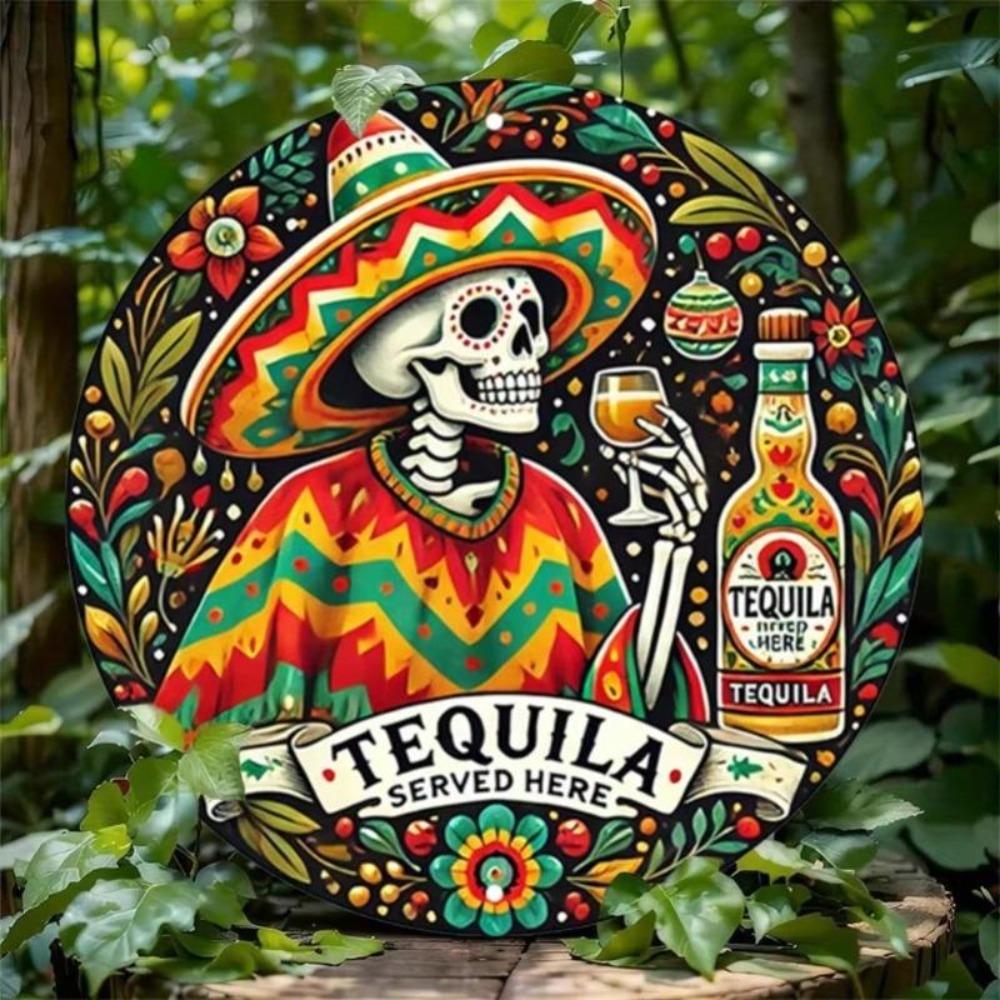 Vintage Skeleton Sombrero Tin Metal Wall Art Decor Aluminum Sign