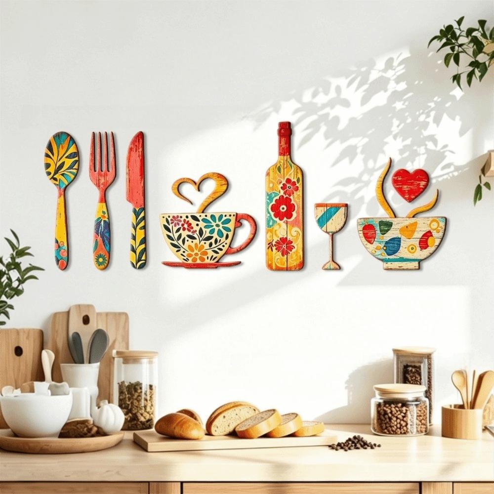 7/8 Pcs Rustic Distressed Floral Coffee Element Wall Plaques Coffee Wall Sticker Hangings Kitchen