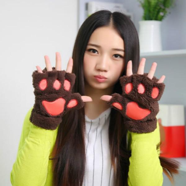 Korean Style Women's Half-Finger Plush Gloves with Embroidered Bear and Cat Paw Design