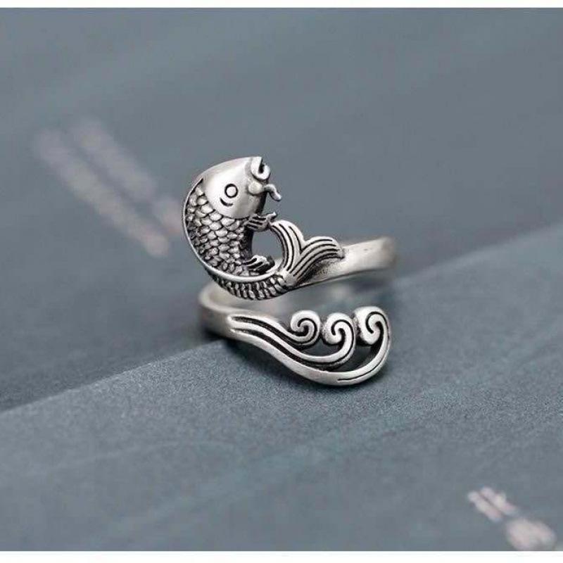 Trendy Retro Thai Silver Adjustable Koi Ring - Ethnic Style Index Finger Ring for Women