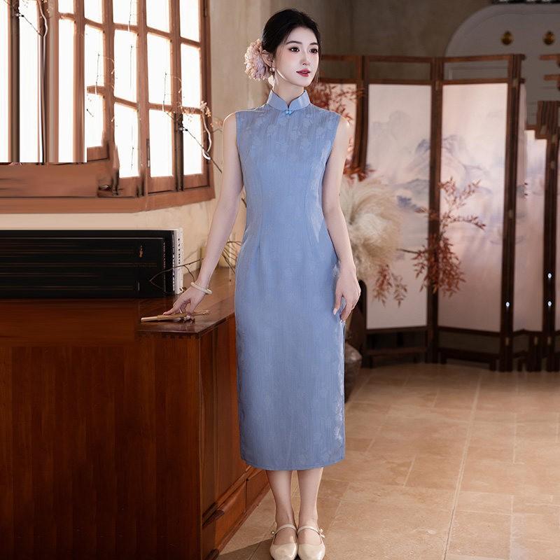 Blue Sleeveless Modern Chinese-Inspired Long Cheongsam Dress 2026 Womens Retro Elegant Daily Wear Small
