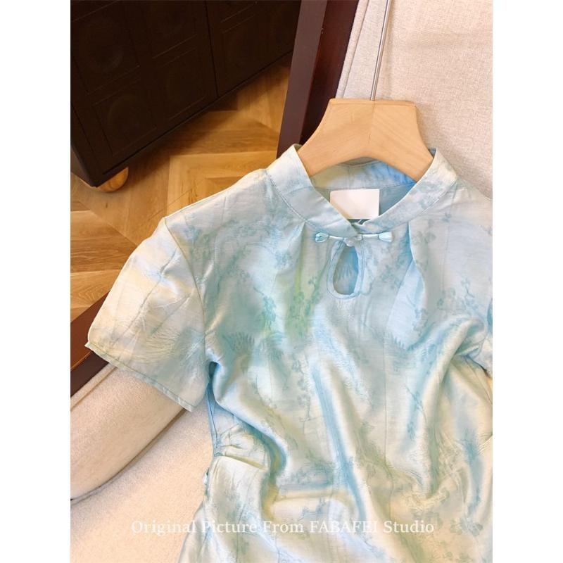 Blue Jacquard Button Short-sleeved Shirt Women's Summer New Daily Wear Cheongsam Collar Small Top
