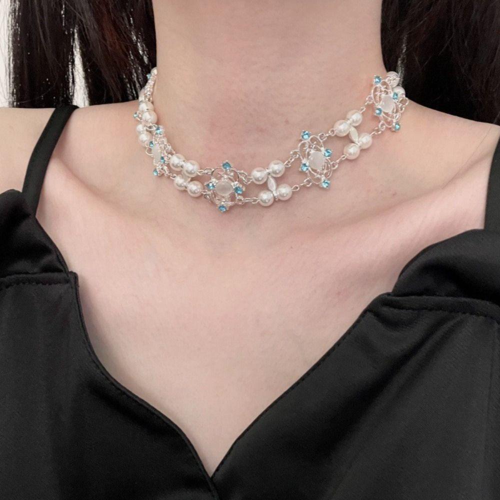 Vintage Double Layer Necklace Hollow Pearl Metal Necklace Elegant Women Collarbone Chain Unisex