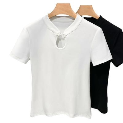 Retro Kurzarm-T-Shirt für Damen Sommer Neu Damen Einfarbig Stehkragen Baumwoll-T-Shirt Neuer Chinesischer Stil Geknöpftes Aushöhlungs-Oberteil