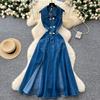 Summer new denim dress women's design sense hollow waist thin temperament split end sleeveless long skirt