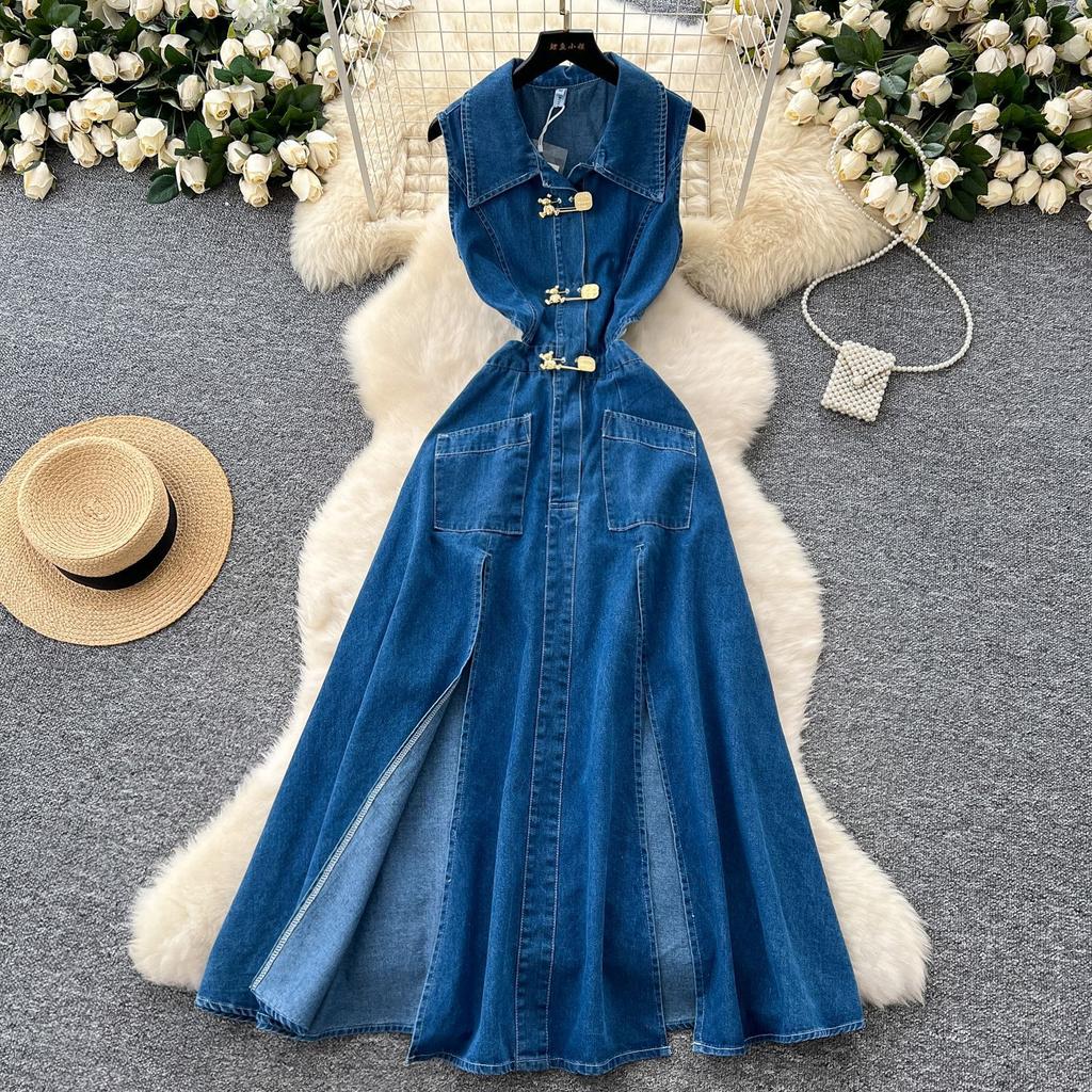 Summer new denim dress women's design sense hollow waist thin temperament split end sleeveless long skirt