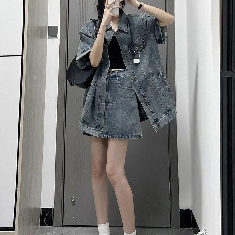 Women's Summer Retro Loose-Fit Denim Two-Piece Skirt and Shirt Set
