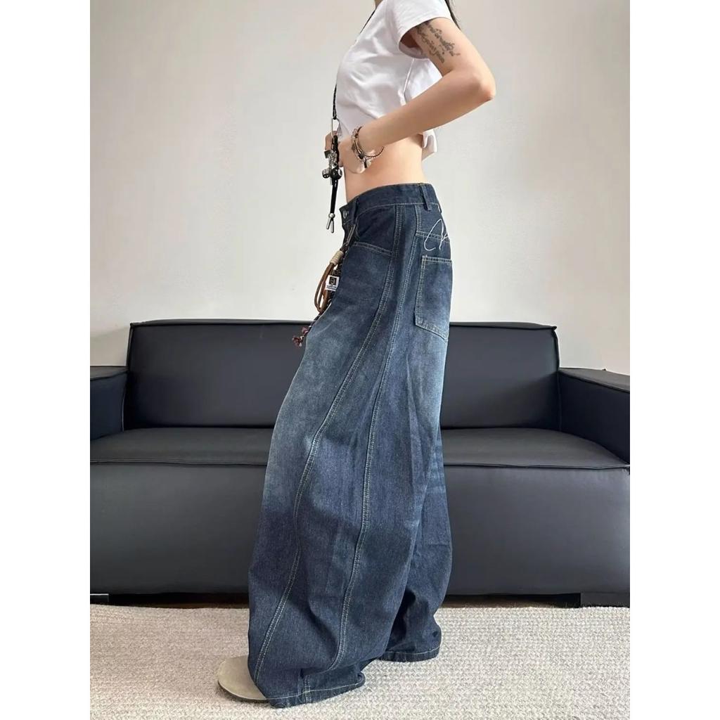 BeatStreet Stylish Chic Elegant Embroidered Patchwork Jeans Women Vintage Washed Draping Denim Straight Loose Fit Slimming Versatile Pants