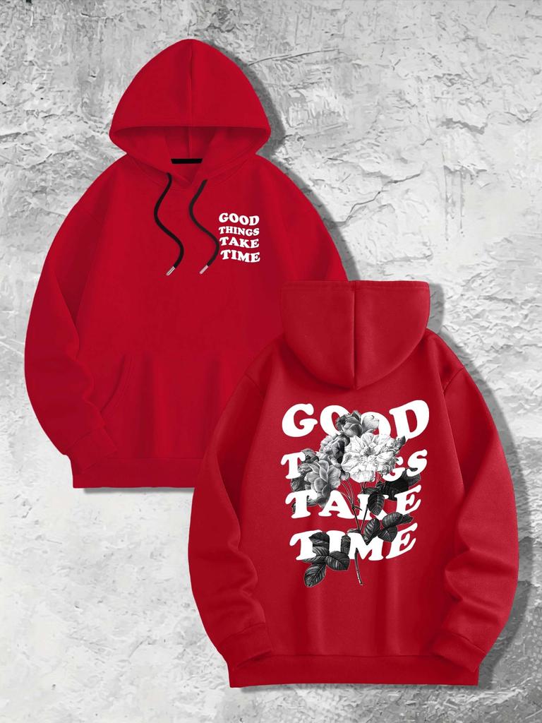Men's Good Things Take Time Black White Rose Graphic Hoodie Unisex Casual Letter Print Long Sleeve Hooded Pullover Sweatshirt