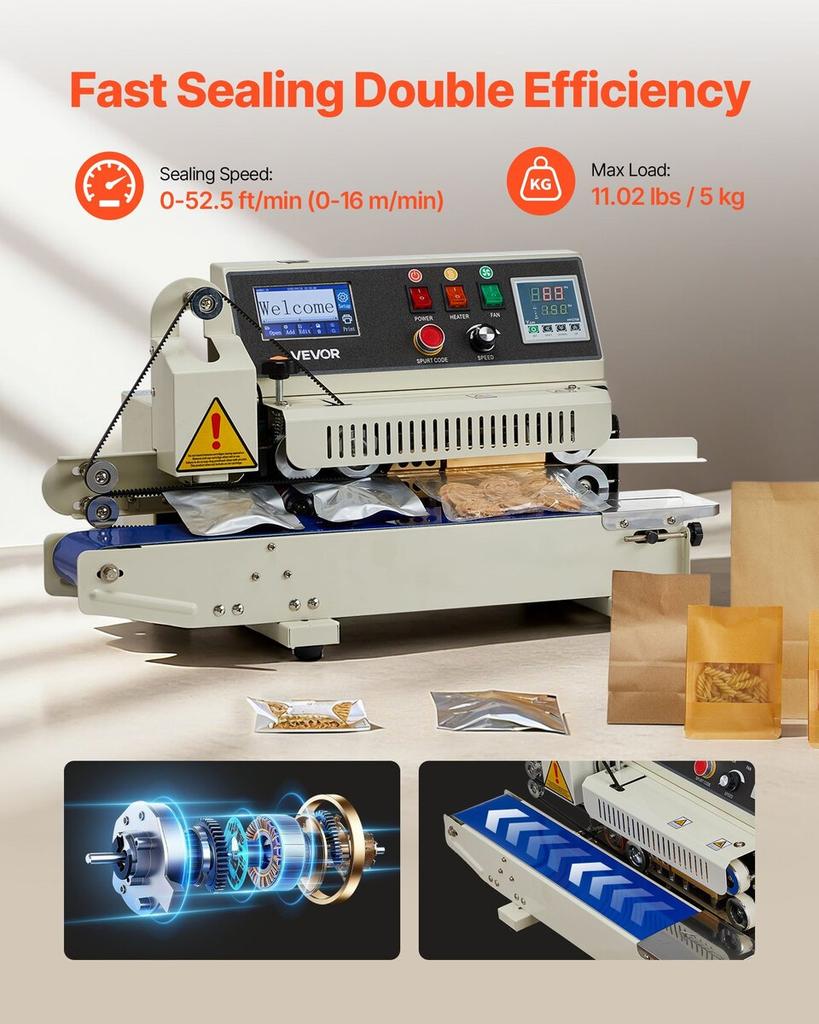 Macchina Sigillatrice a Nastro Continua per Sacchetti, Larghezza Sigillo 6-12 mm, Macchina Sigillatrice a Nastro Orizzontale con Stampa a Inchiostro, Temperatura e Velocità Regolabili, Termica Commerciale