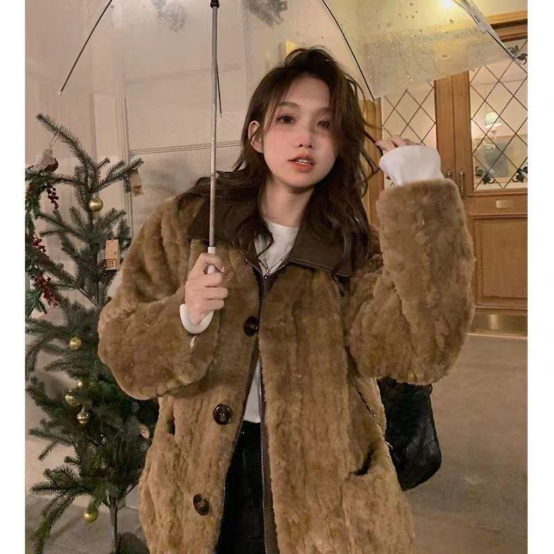 

Korean Retro Thick Warm Lambswool Coat with Detachable Leather Collar for Women Extra Large кокосовий/коричневий
