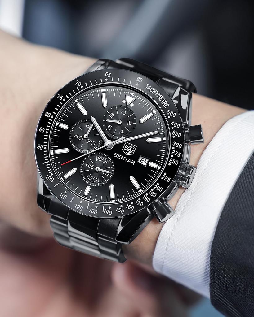BY BENYAR Watch Chronograph Analog Quartz Movement Stylish Sports Designer Watch 30m Water Resistant Elegant Day Light Quartz Movement Men's Father's