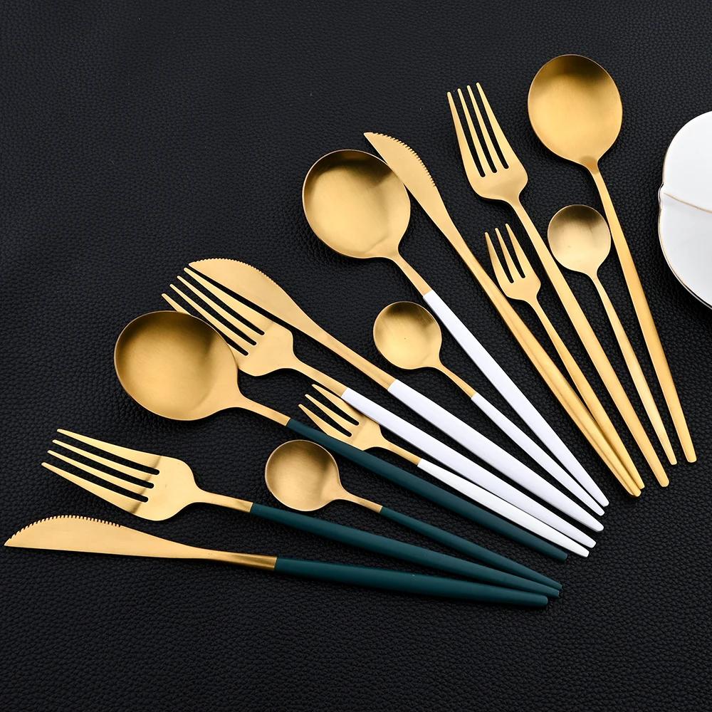 30Pcs Dinnerware Set Stainless Steel Flatware Matte Gold Cutlery Set Cake Fruit Fork Kitchen Knife Fork Spoon Tableware Set